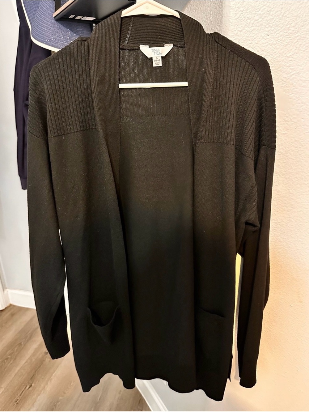 Black Open Front Rib-Shoulder Cardigan